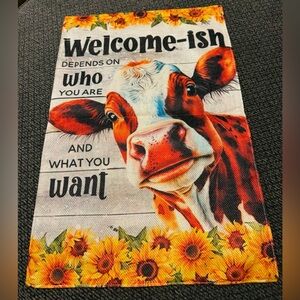 Welcome-ish Cow Sunflower Decorative Garden Flag- Orange White